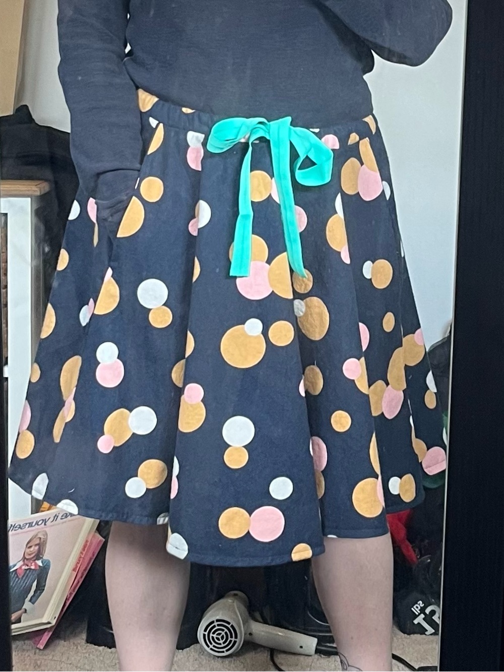 Polka Dot Flannelette Navy Skirt with Pink & Gold Dots & POCKETS!